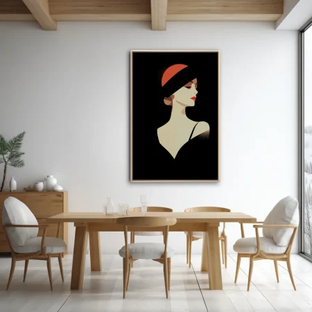 Minimalist woman portrait, black ivory red palette, graphic flat style
