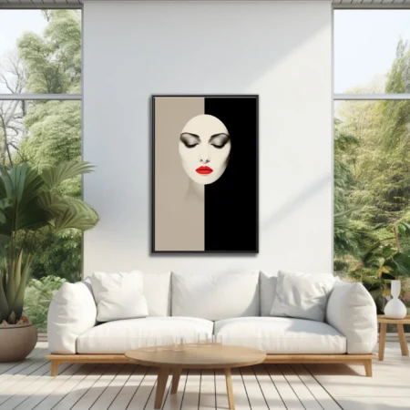 Minimalist portrait, red lips, black and taupe graphic contrast