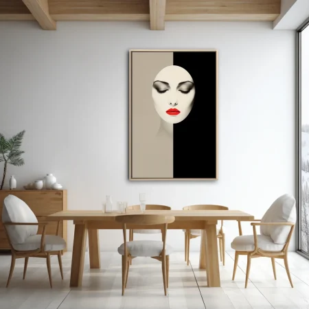 Minimalist portrait, red lips, black and taupe graphic contrast