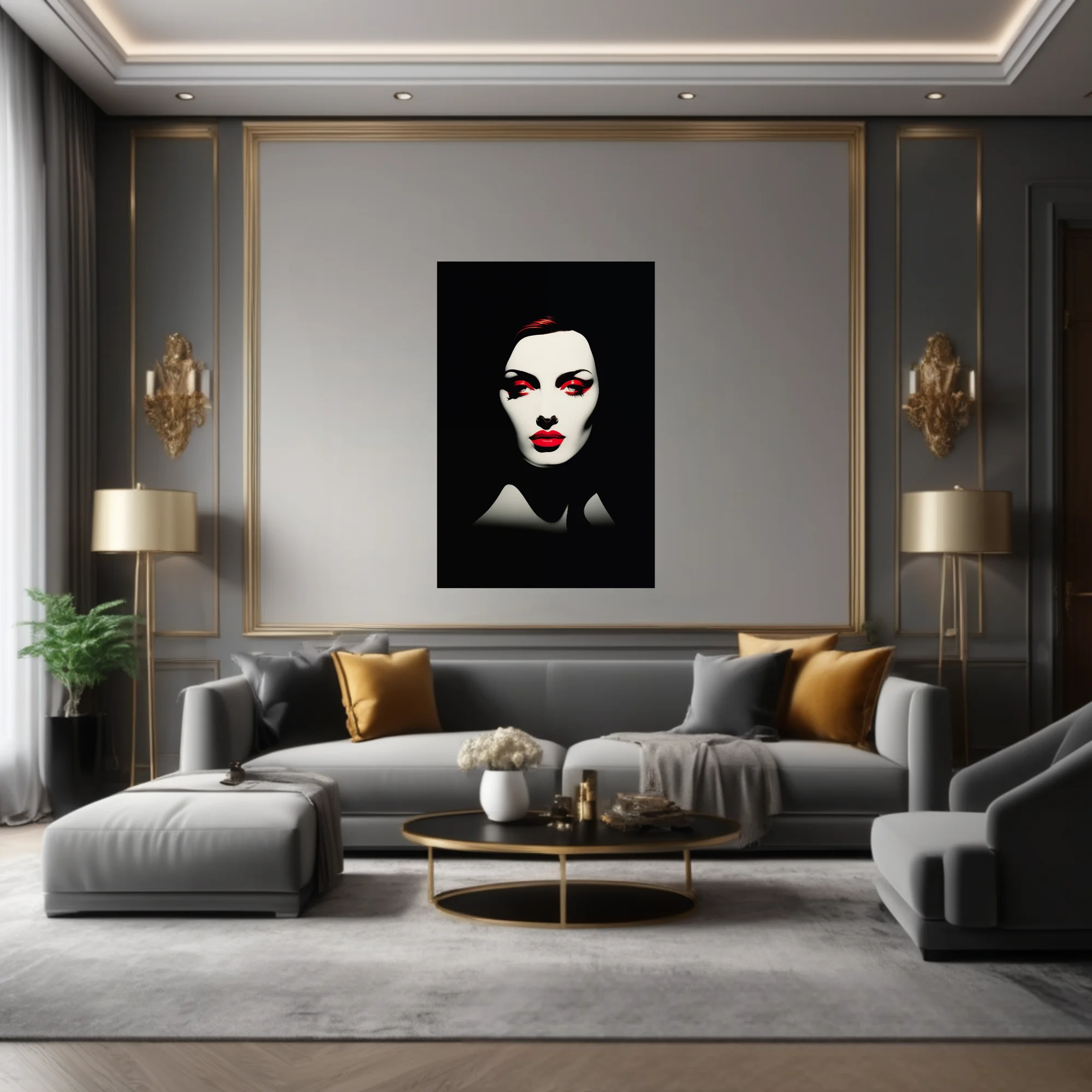 High-contrast black and white portrait with bold red lip and eye makeup, graphic style