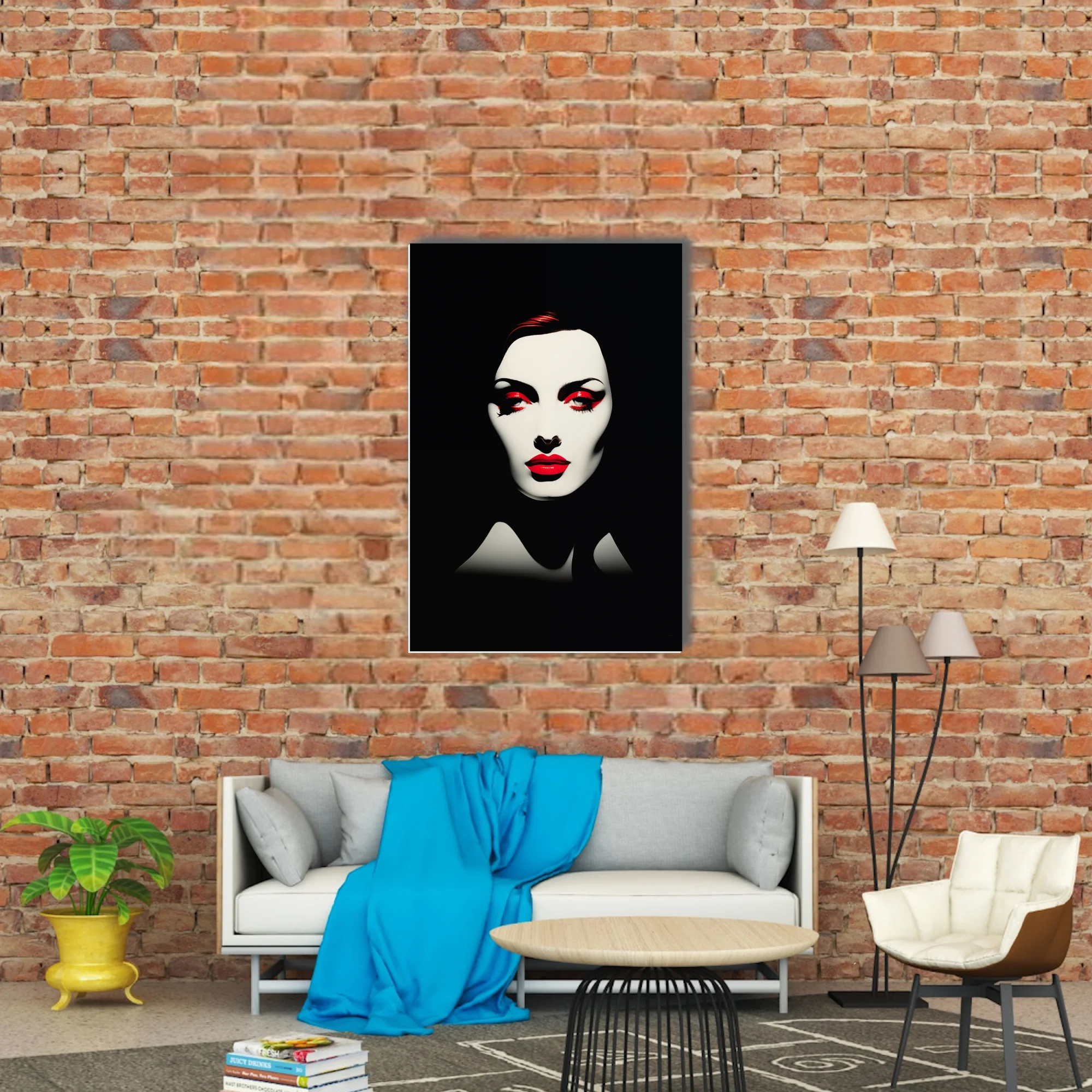 High-contrast black and white portrait with bold red lip and eye makeup, graphic style