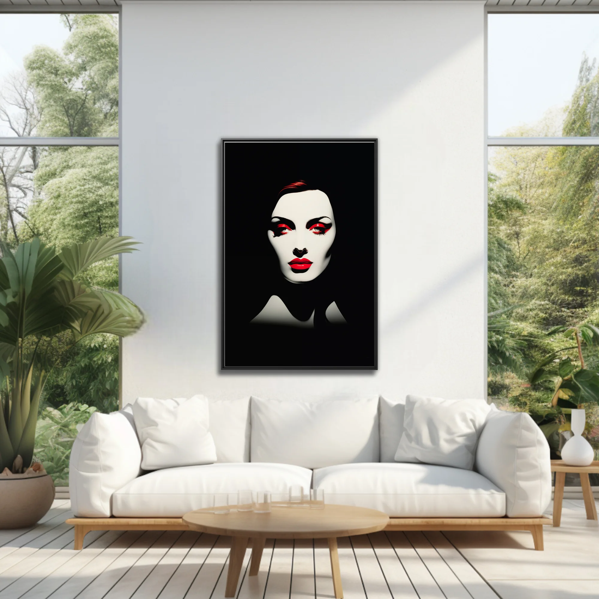 High-contrast black and white portrait with bold red lip and eye makeup, graphic style