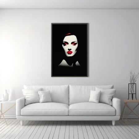 High-contrast black and white portrait with bold red lip and eye makeup, graphic style