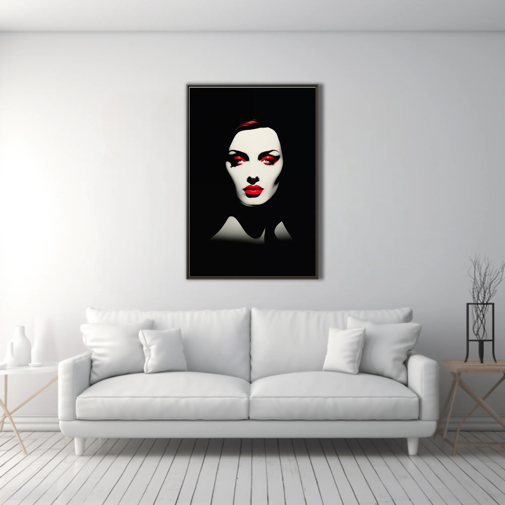 High-contrast black and white portrait with bold red lip and eye makeup, graphic style