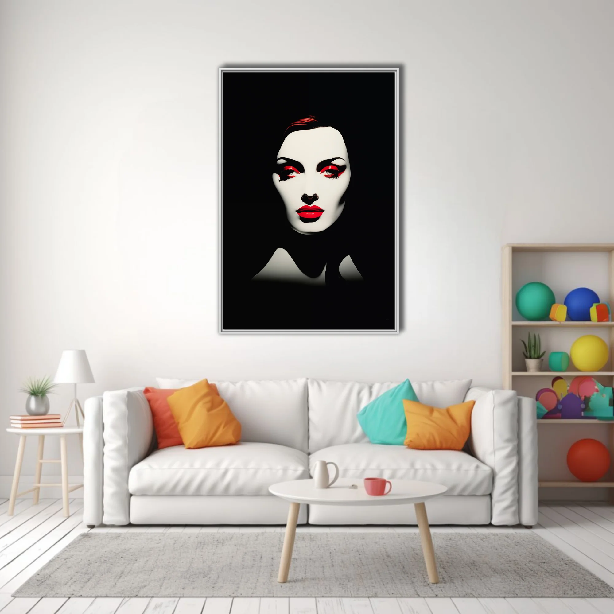 High-contrast black and white portrait with bold red lip and eye makeup, graphic style