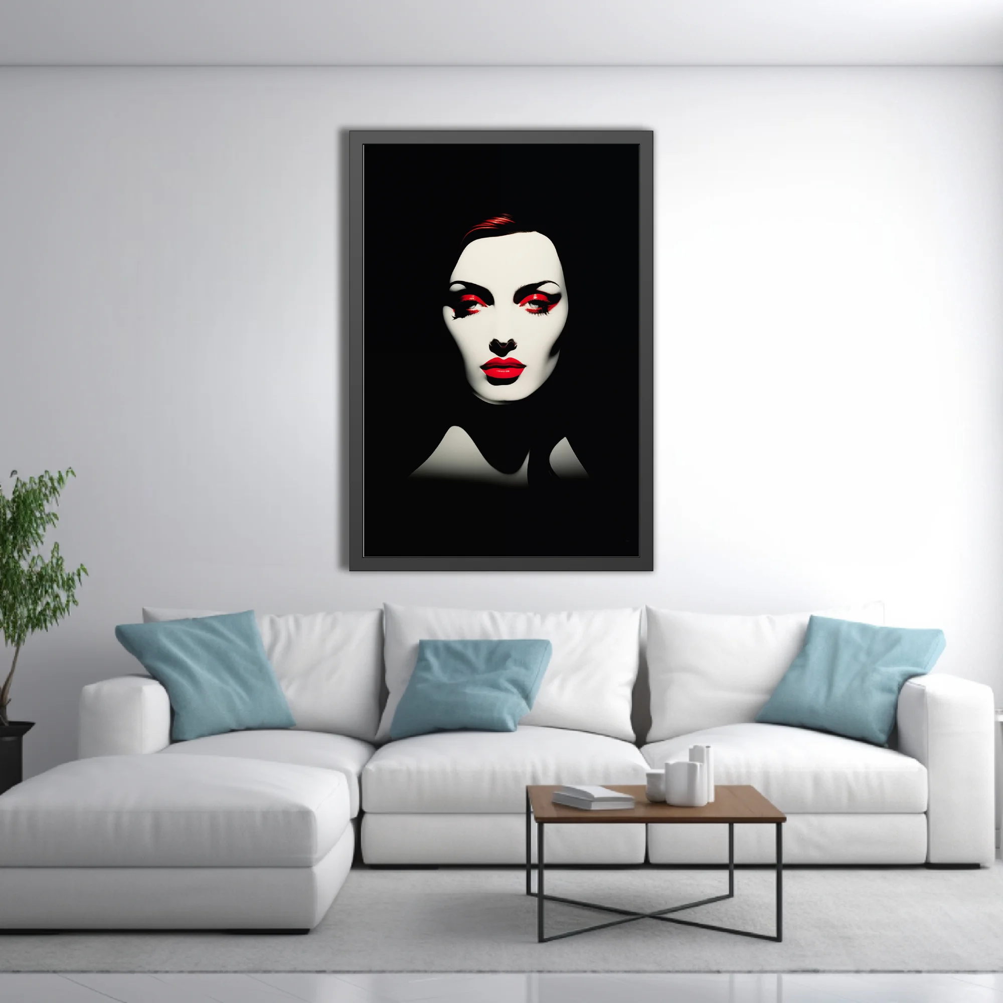 High-contrast black and white portrait with bold red lip and eye makeup, graphic style