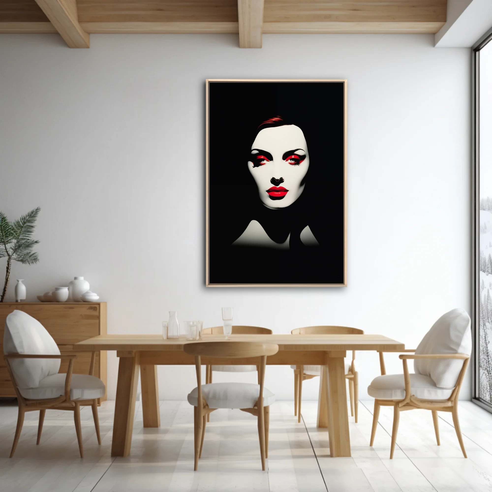High-contrast black and white portrait with bold red lip and eye makeup, graphic style