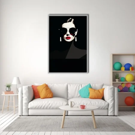 Minimalist bold-graphic portrait, bold red lips, oversized sunglasses, black and white