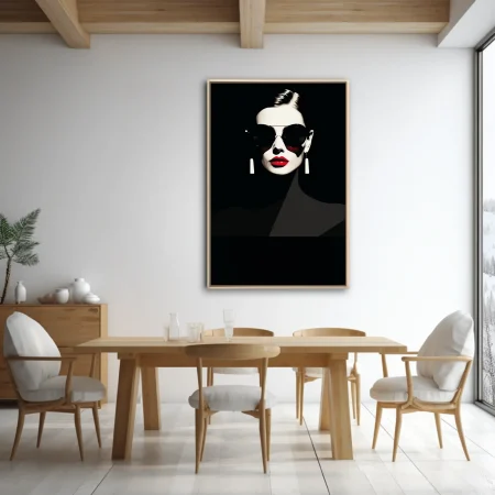 Minimalist bold-graphic portrait, bold red lips, oversized sunglasses, black and white