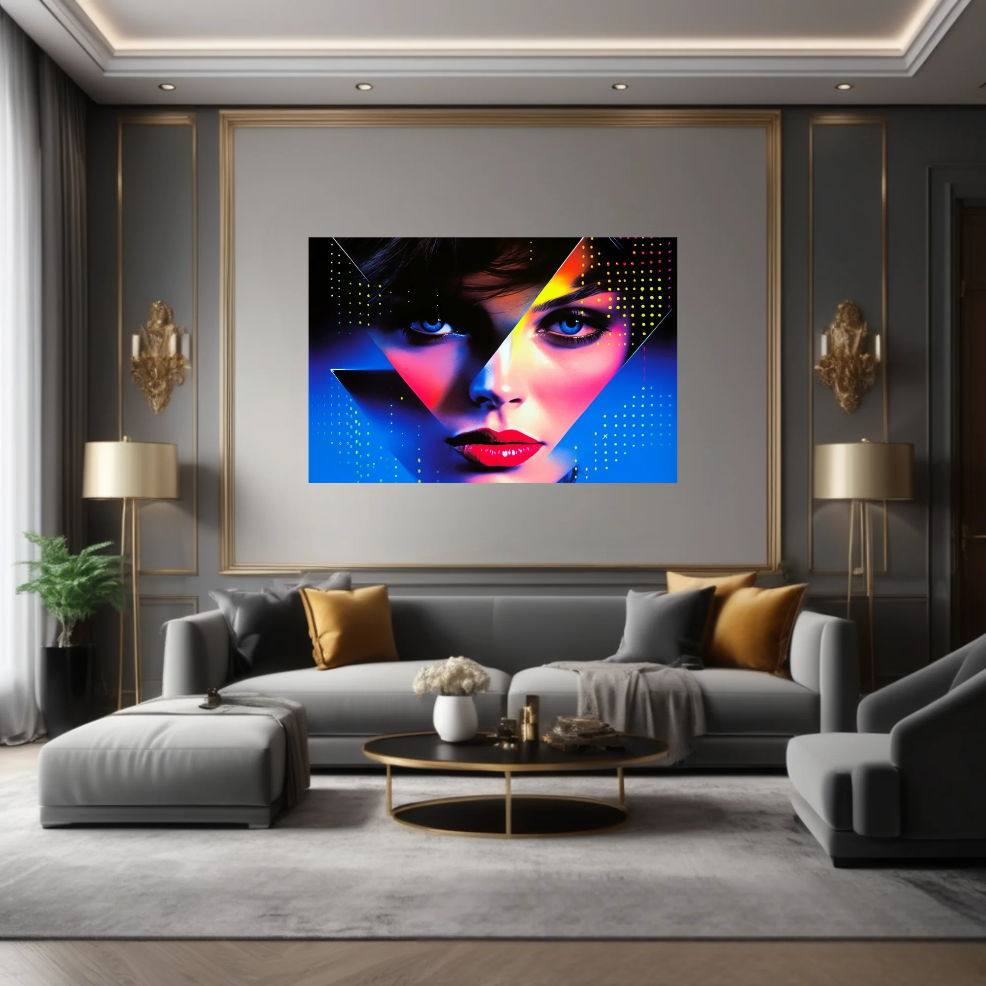 Neon bold-graphic portrait with geometric overlay and electric blue halftone dots
