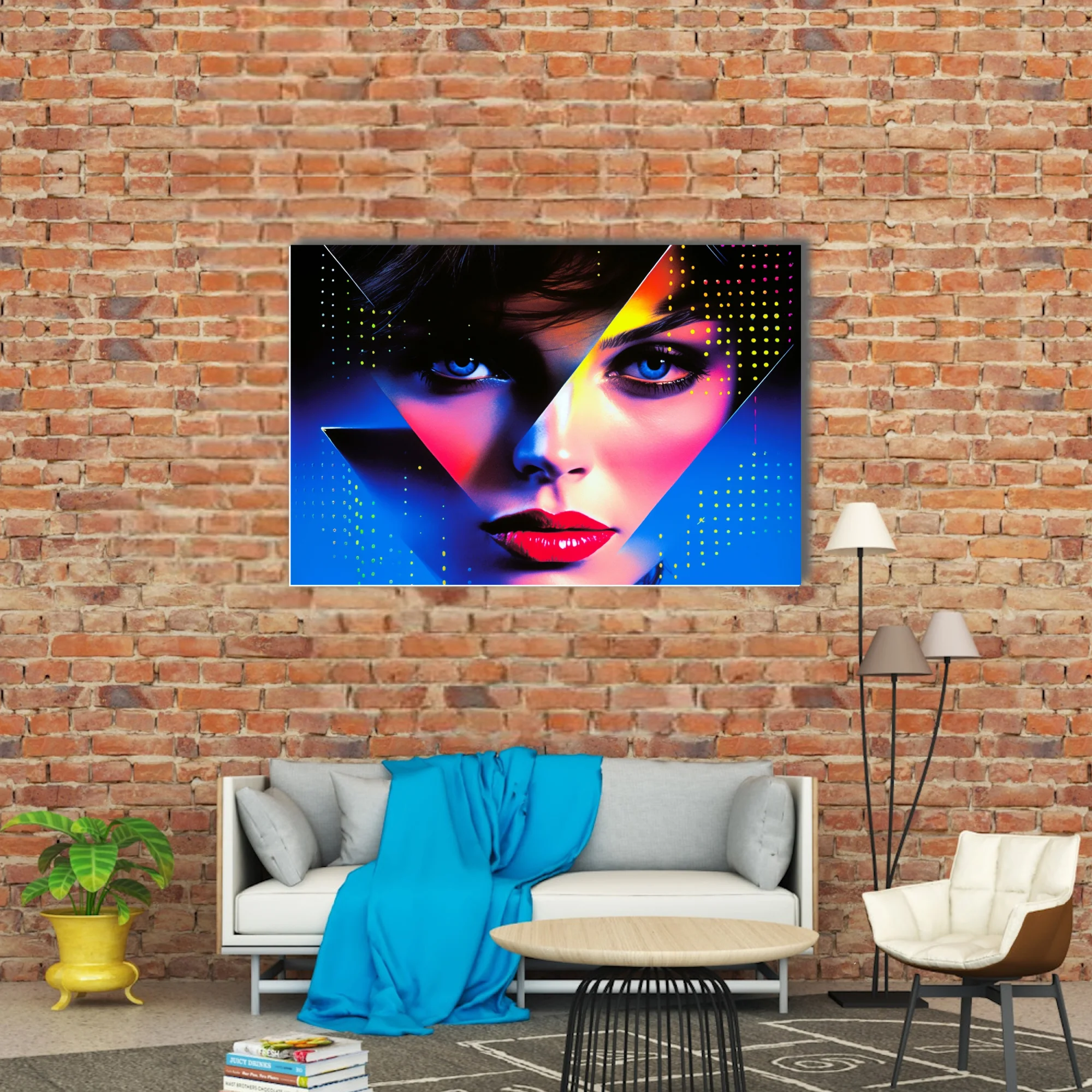 Neon bold-graphic portrait with geometric overlay and electric blue halftone dots