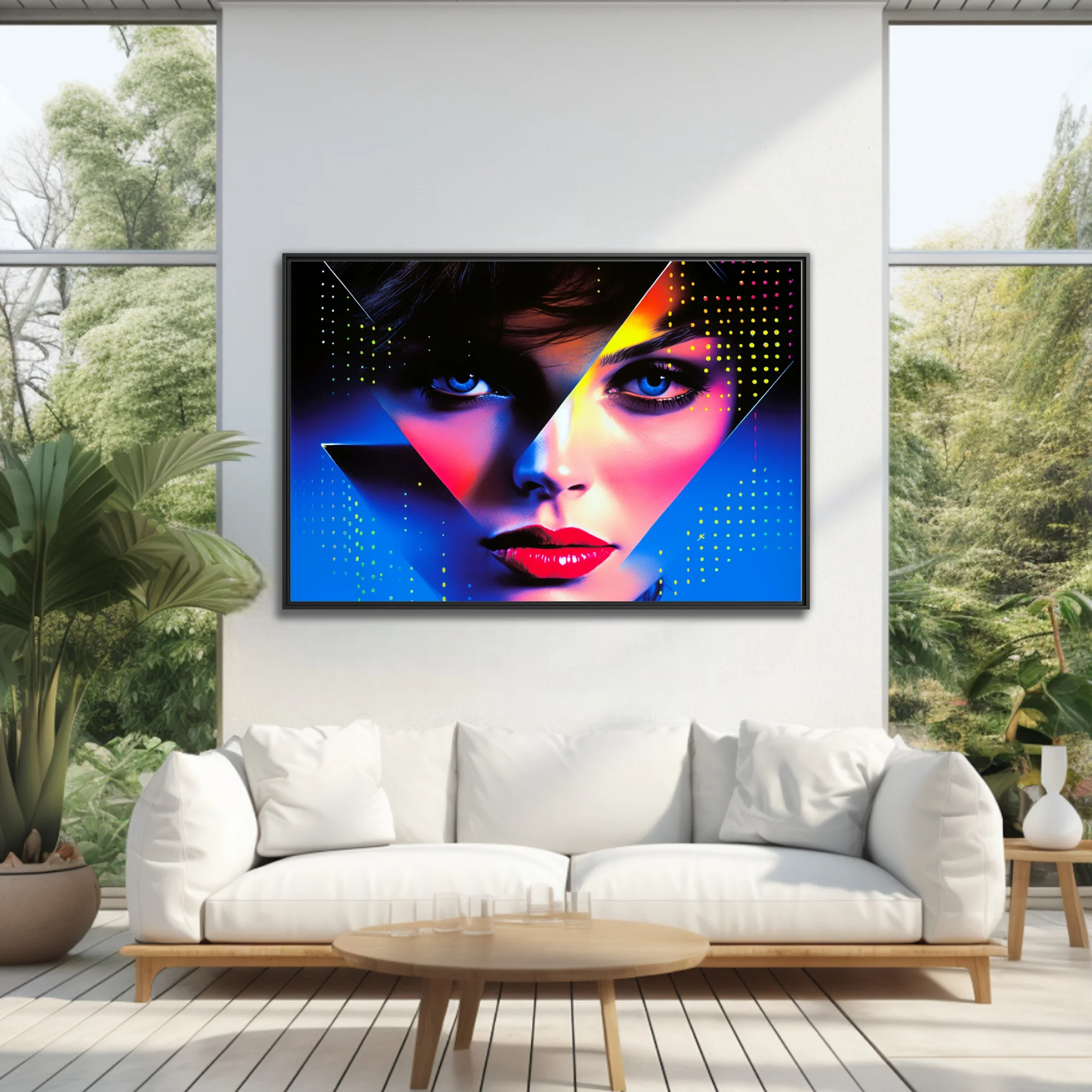 Neon bold-graphic portrait with geometric overlay and electric blue halftone dots