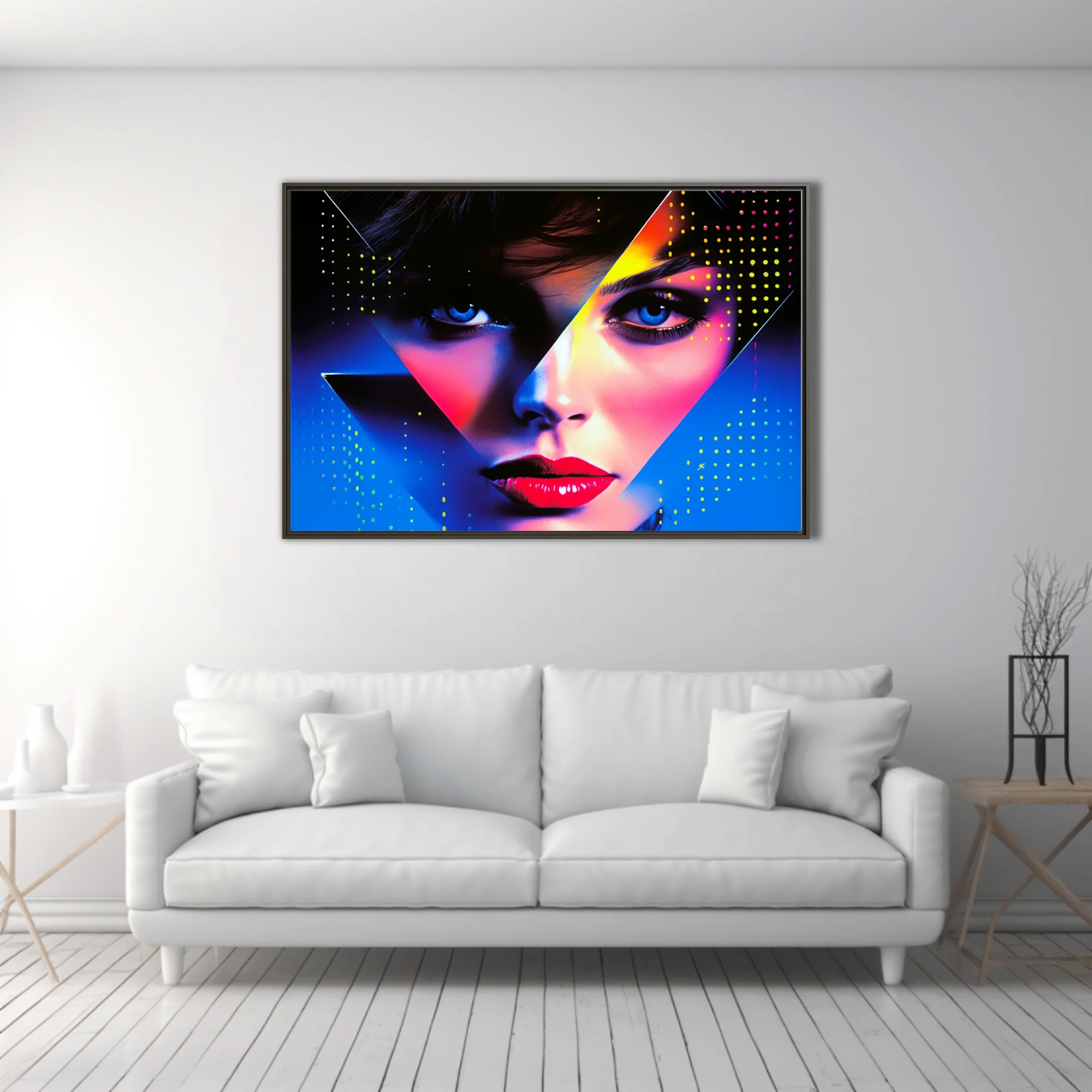 Neon bold-graphic portrait with geometric overlay and electric blue halftone dots