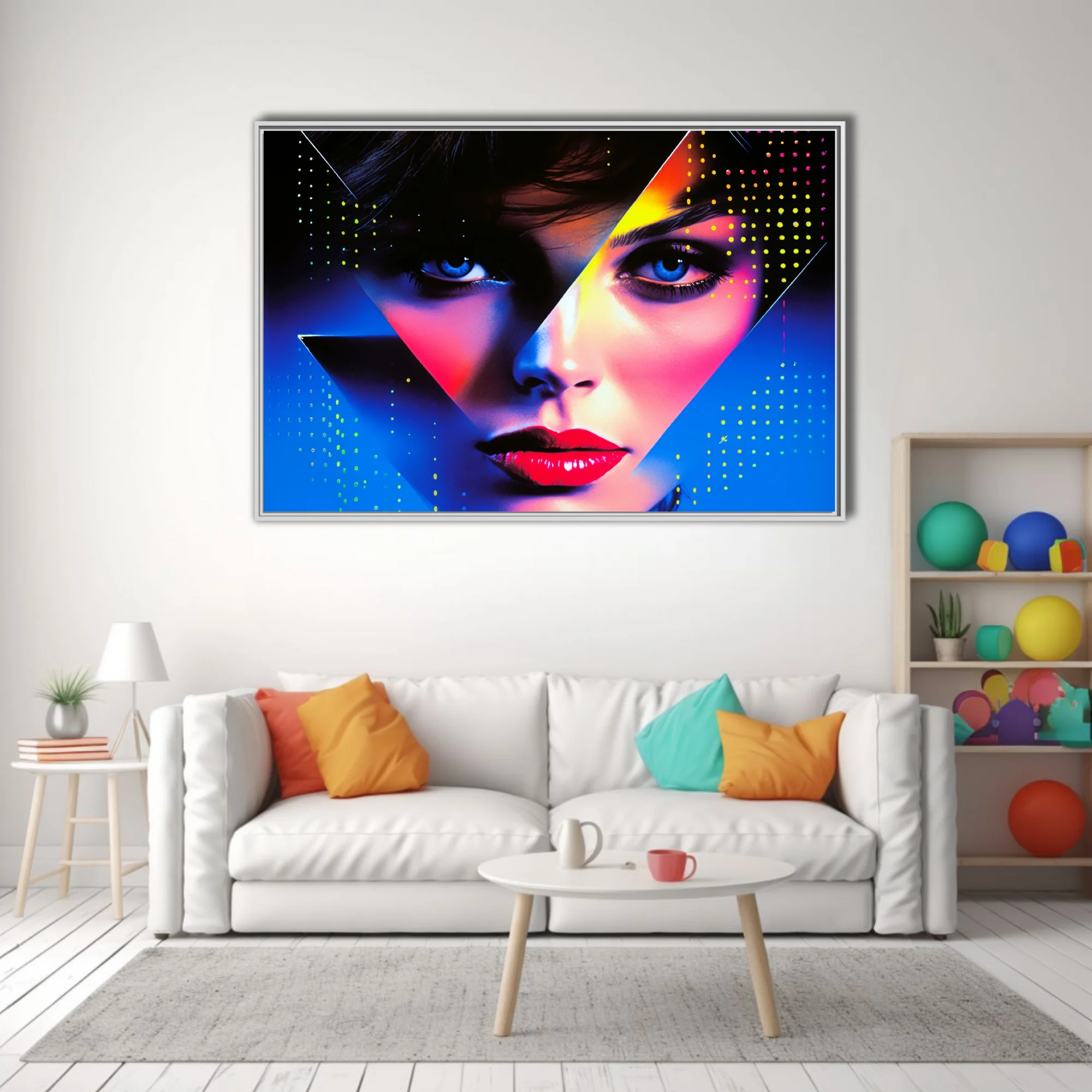 Neon bold-graphic portrait with geometric overlay and electric blue halftone dots