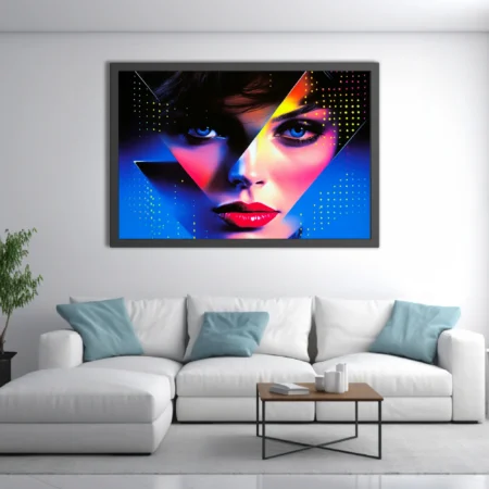 Neon bold-graphic portrait with geometric overlay and electric blue halftone dots