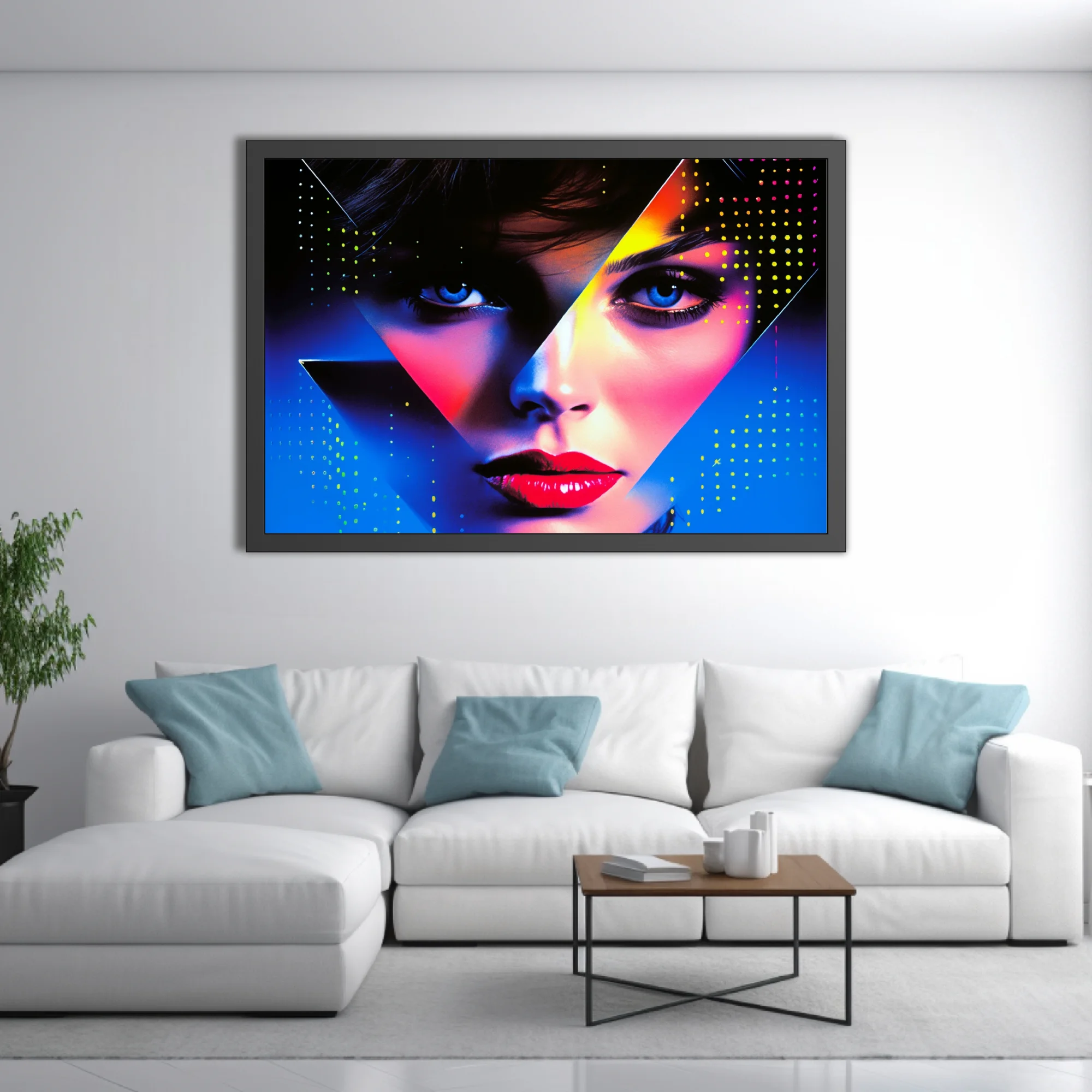 Neon bold-graphic portrait with geometric overlay and electric blue halftone dots