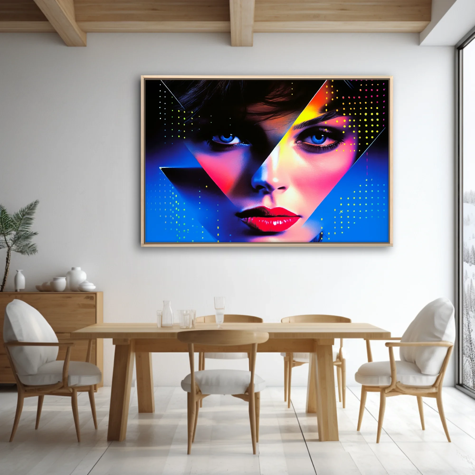 Neon bold-graphic portrait with geometric overlay and electric blue halftone dots