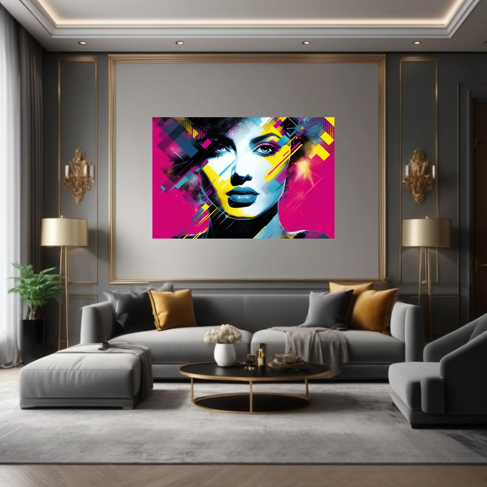 Bold-graphic distortion-style female portrait in bold magenta, cyan, and yellow