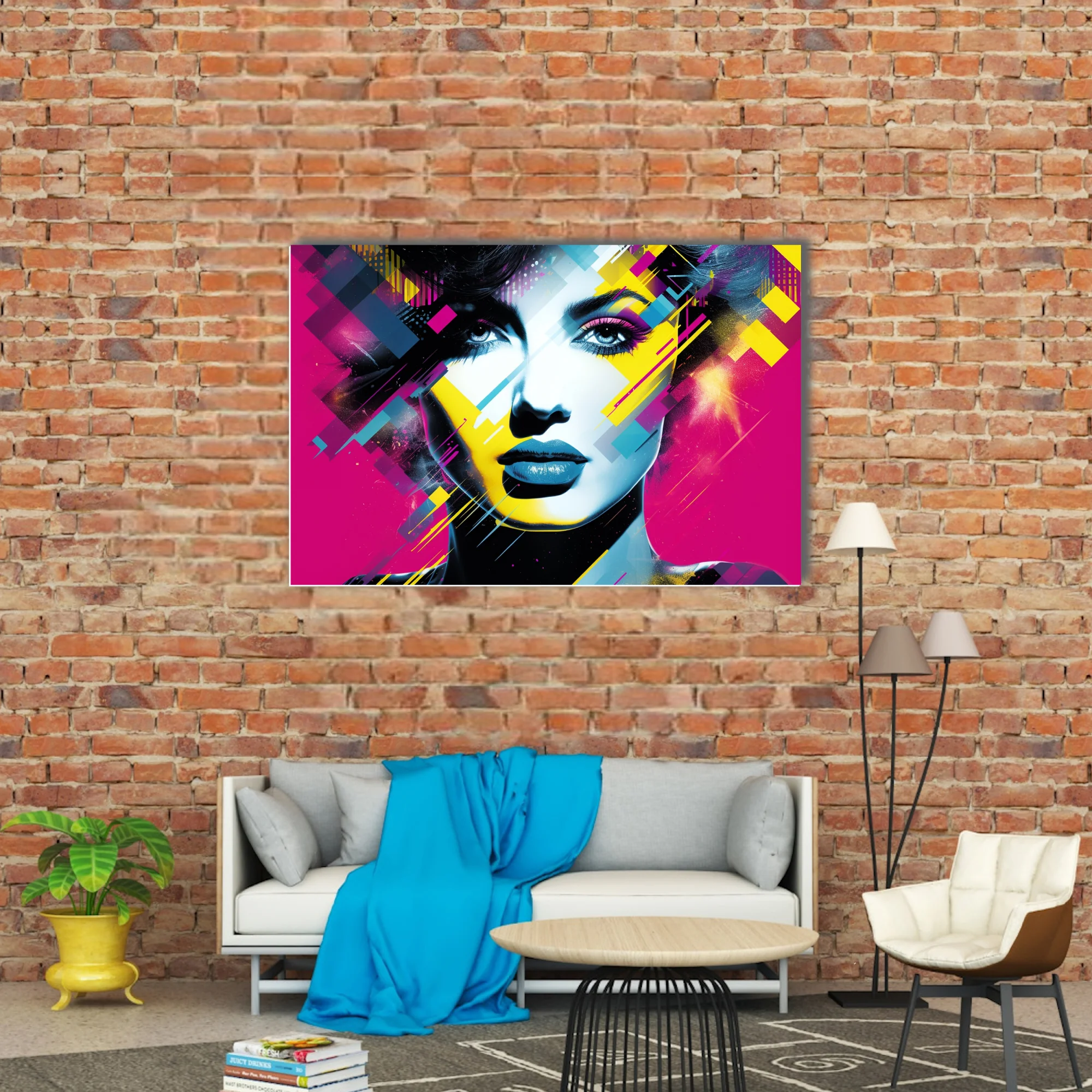 Bold-graphic distortion-style female portrait in bold magenta, cyan, and yellow