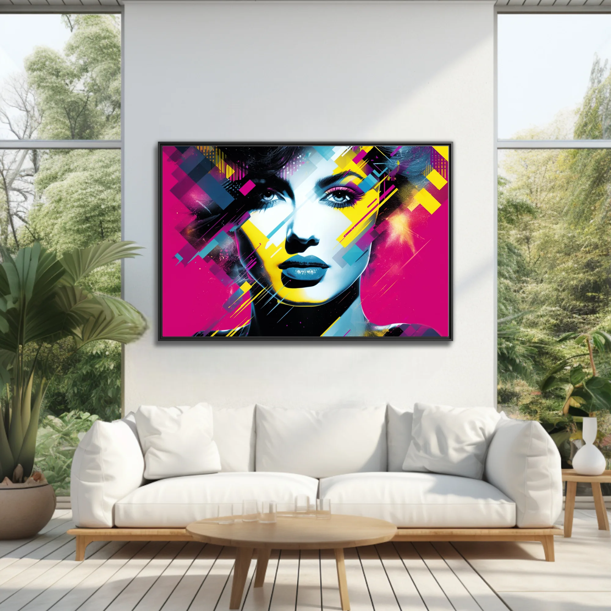 Bold-graphic distortion-style female portrait in bold magenta, cyan, and yellow