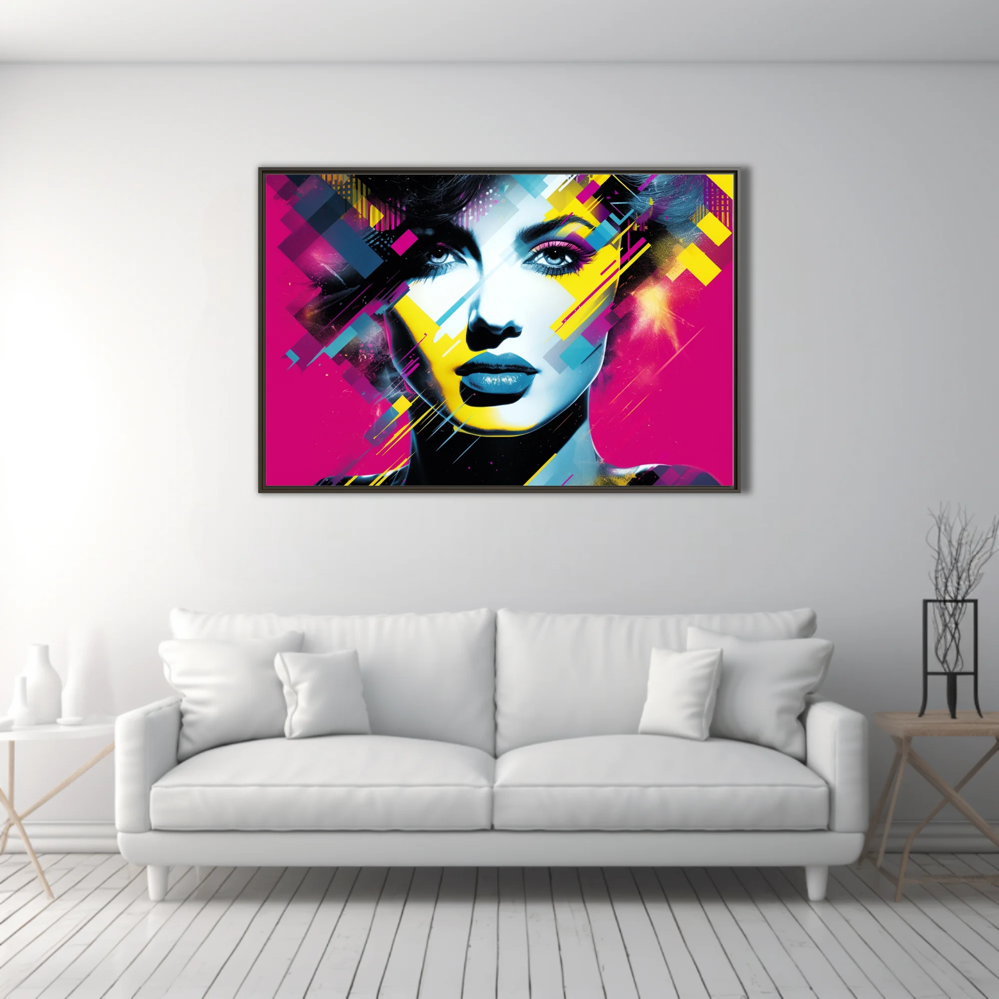 Bold-graphic distortion-style female portrait in bold magenta, cyan, and yellow