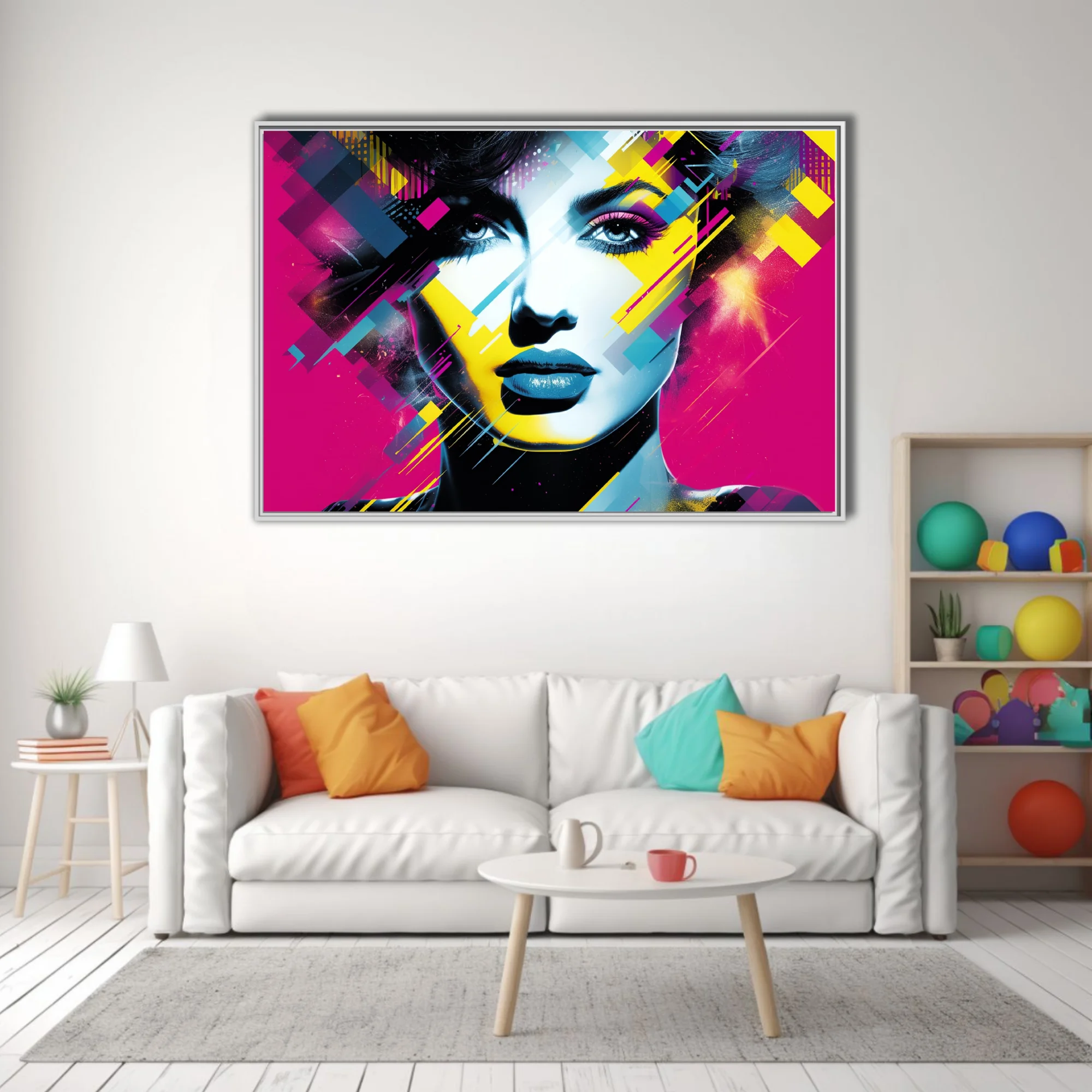 Bold-graphic distortion-style female portrait in bold magenta, cyan, and yellow