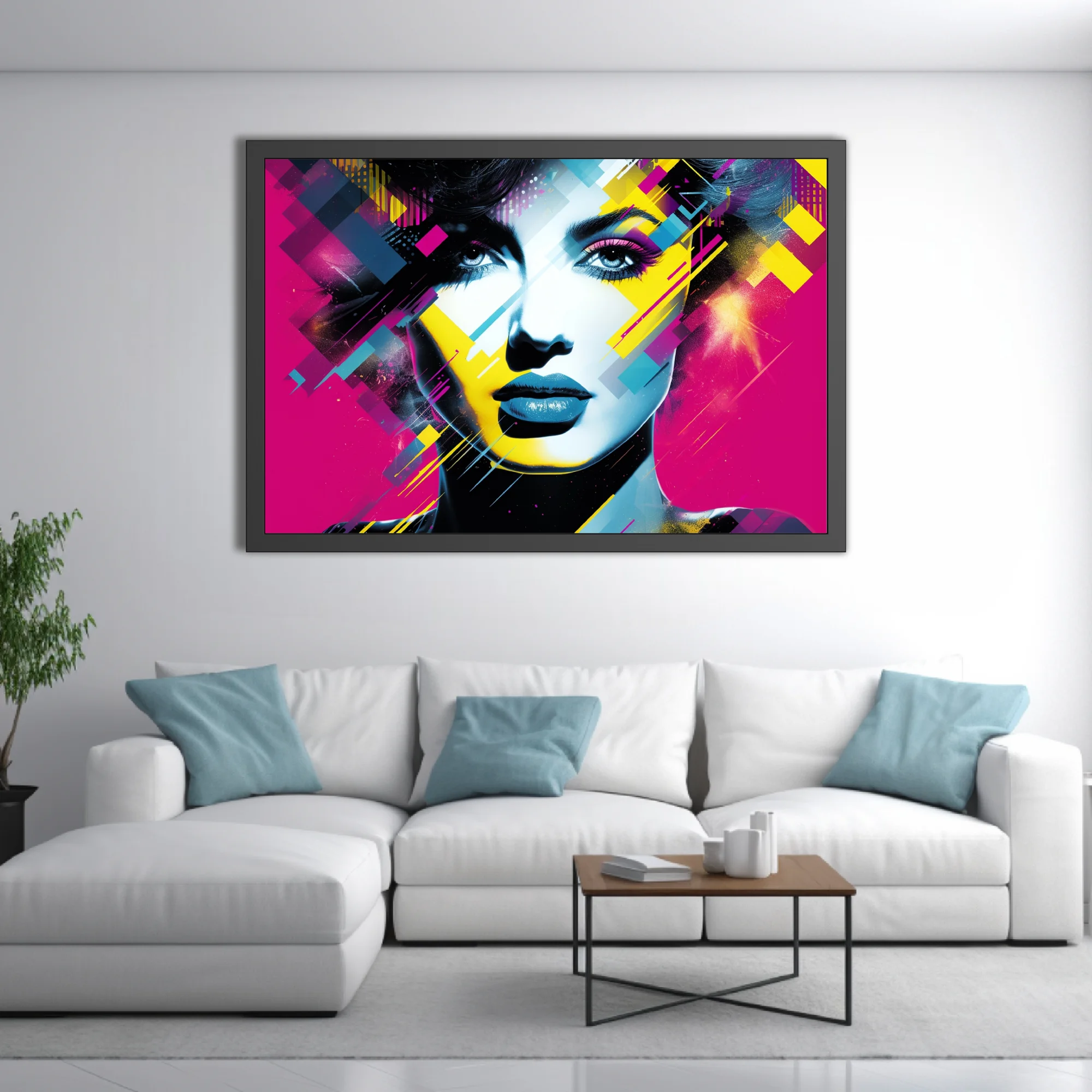 Bold-graphic distortion-style female portrait in bold magenta, cyan, and yellow