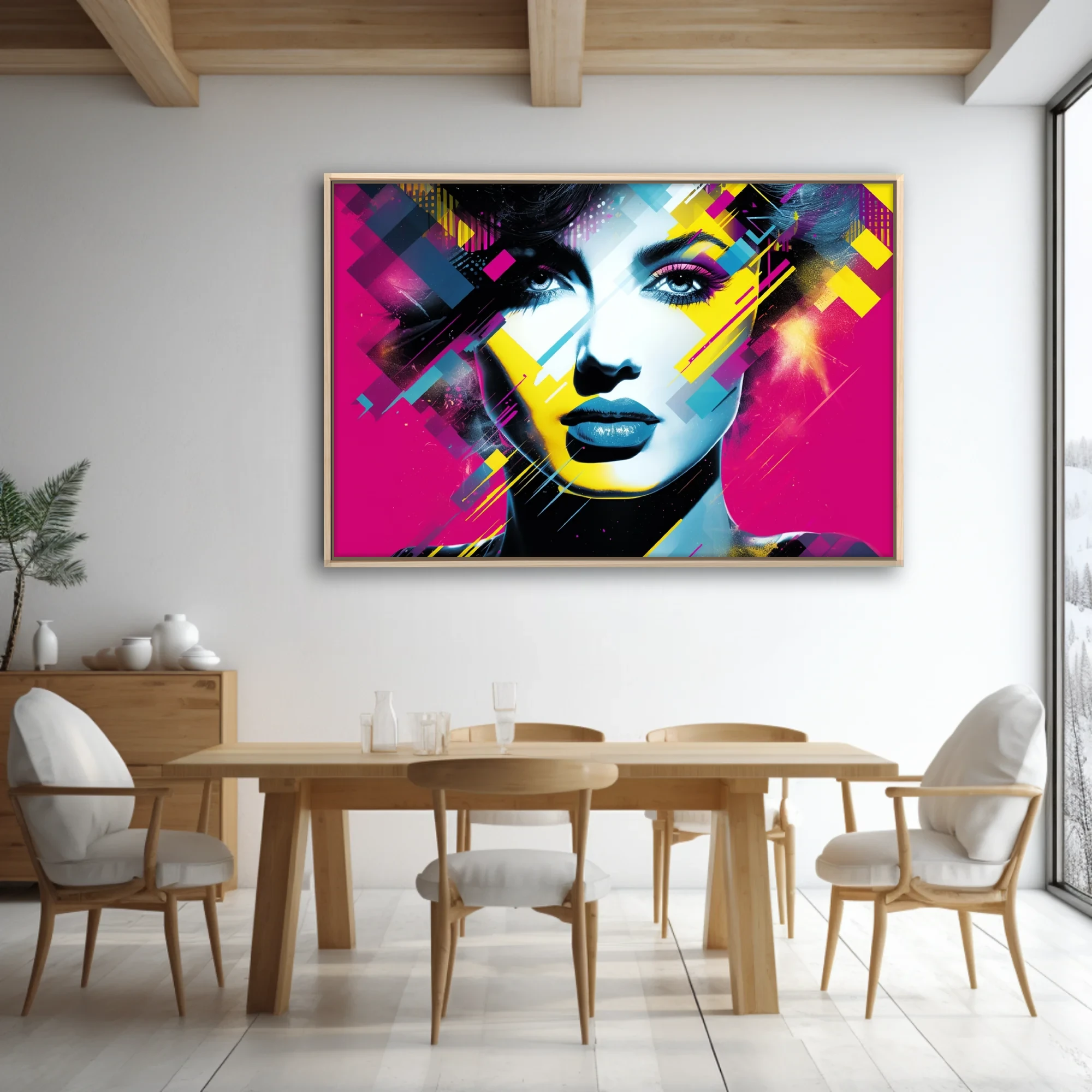 Bold-graphic distortion-style female portrait in bold magenta, cyan, and yellow