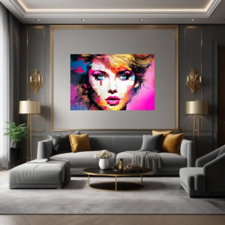 Bold-graphic mosaic portrait of a woman with blue eyes and bold makeup in neon pink