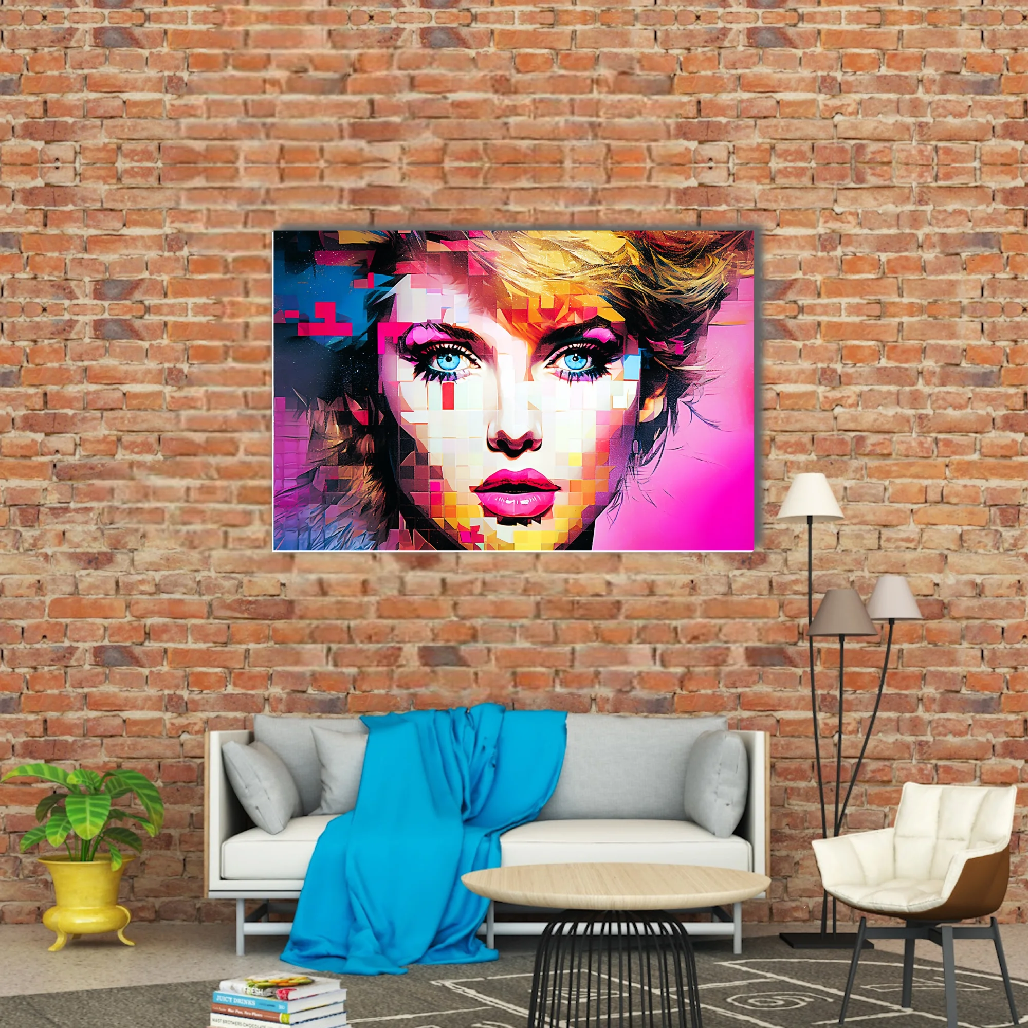 Bold-graphic mosaic portrait of a woman with blue eyes and bold makeup in neon pink