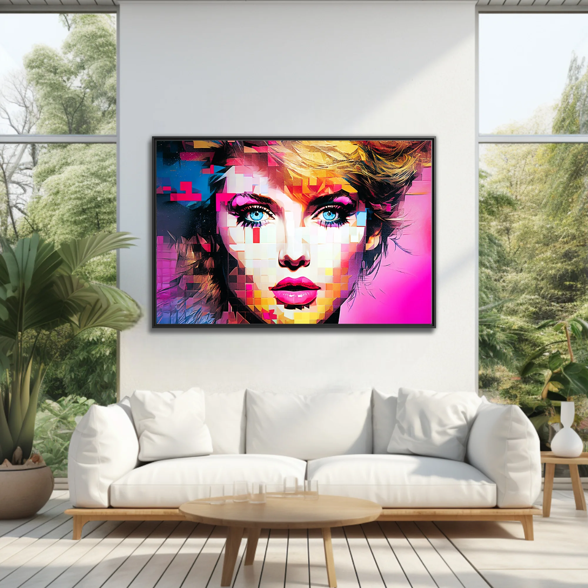 Bold-graphic mosaic portrait of a woman with blue eyes and bold makeup in neon pink
