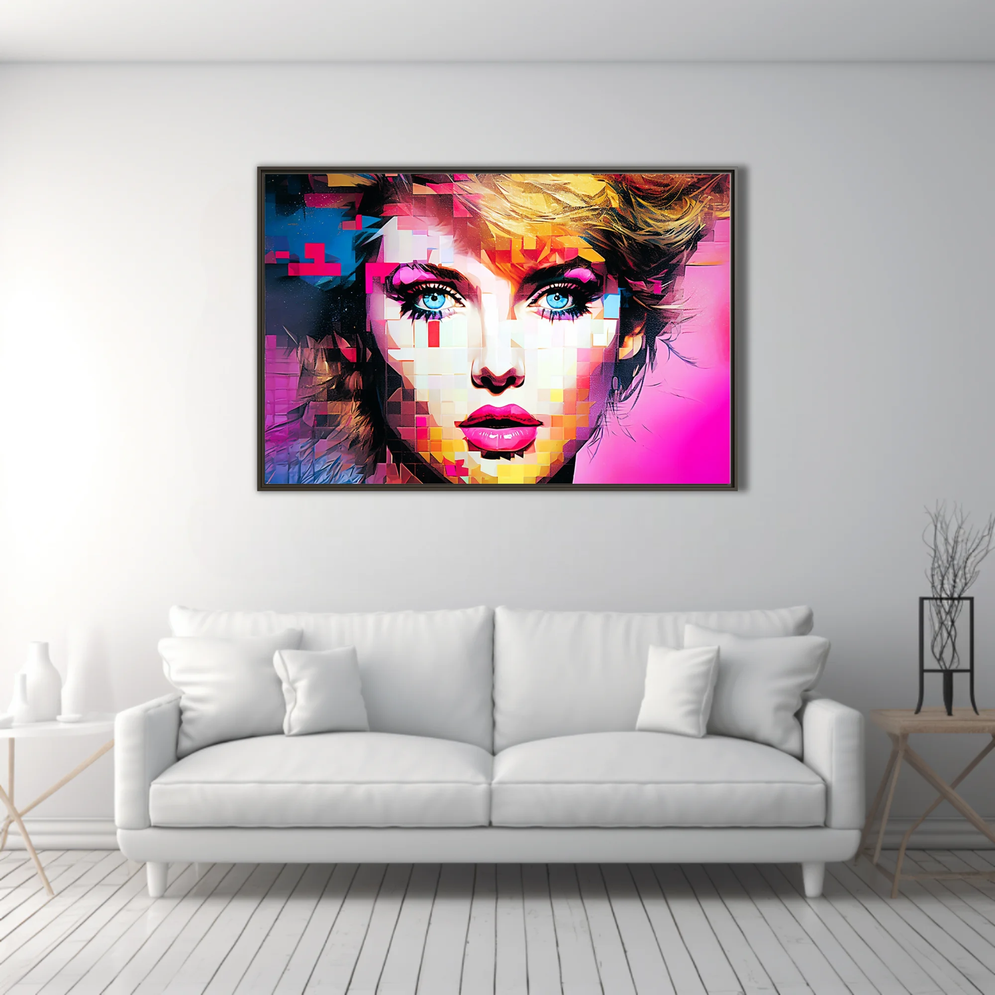 Bold-graphic mosaic portrait of a woman with blue eyes and bold makeup in neon pink