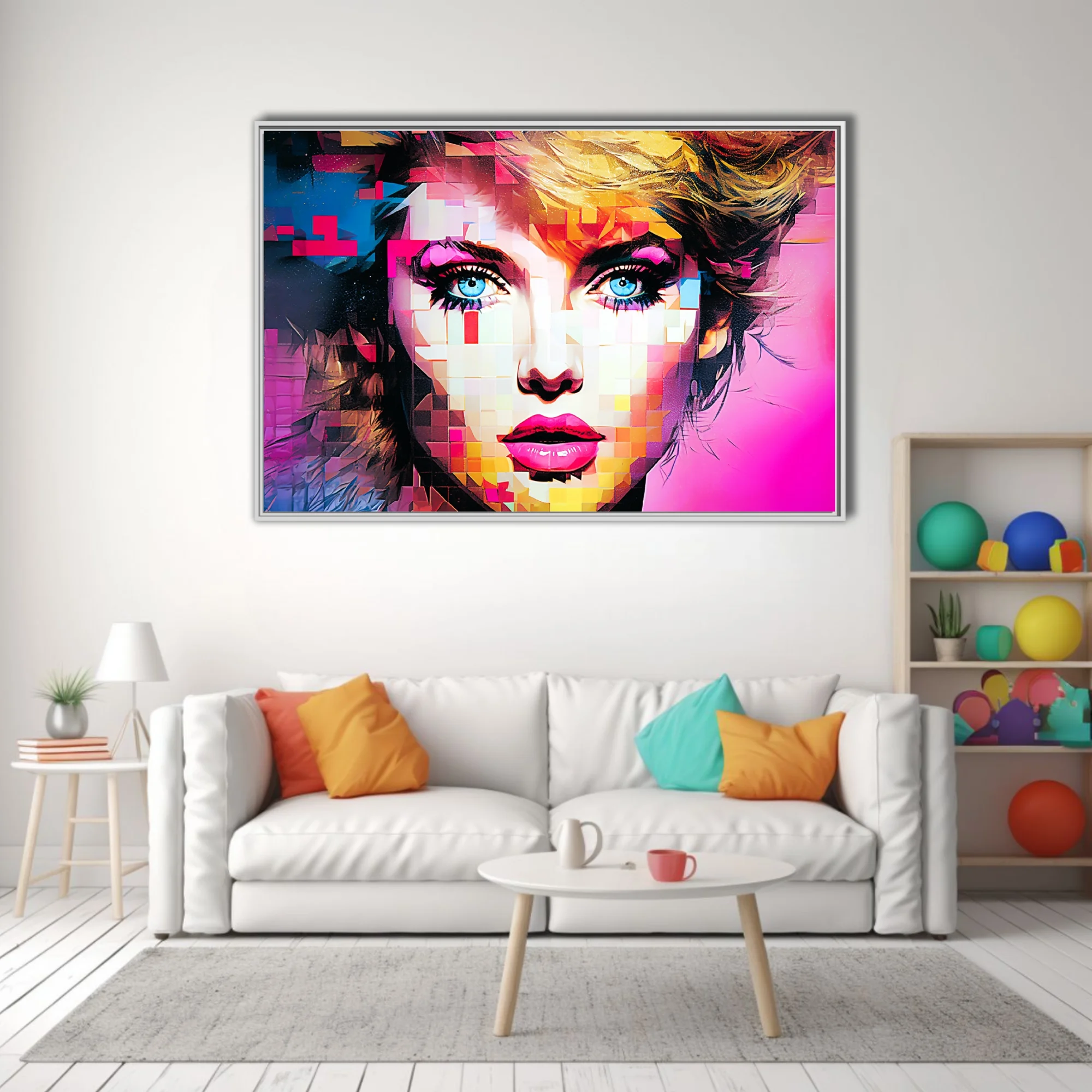 Bold-graphic mosaic portrait of a woman with blue eyes and bold makeup in neon pink