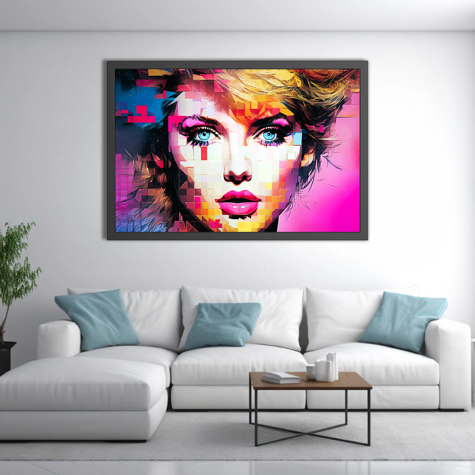 Bold-graphic mosaic portrait of a woman with blue eyes and bold makeup in neon pink