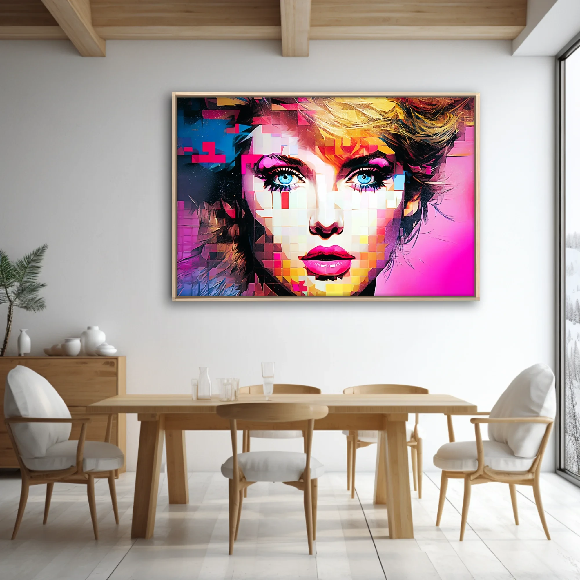 Bold-graphic mosaic portrait of a woman with blue eyes and bold makeup in neon pink