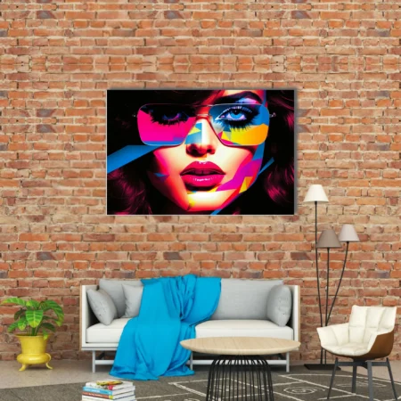 Bold-graphic glamour portrait with geometric neon colors and aviator sunglasses
