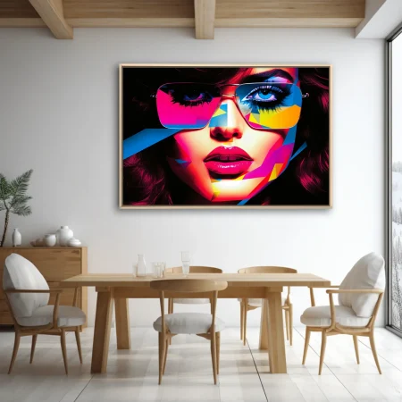 Bold-graphic glamour portrait with geometric neon colors and aviator sunglasses