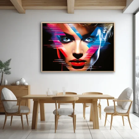 Neon bold-graphic portrait with vivid geometric overlays and electric color