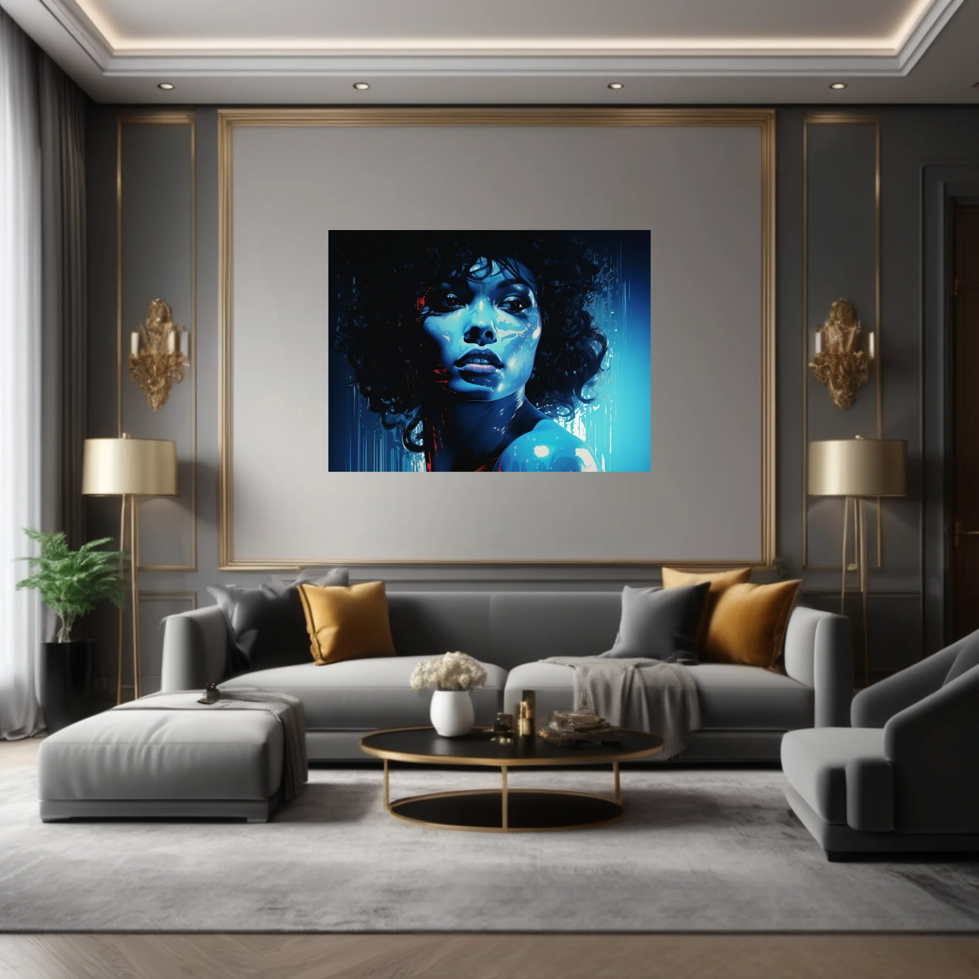 Graphic noir portrait of a woman with curls in cobalt blue and crimson, bold graphic style
