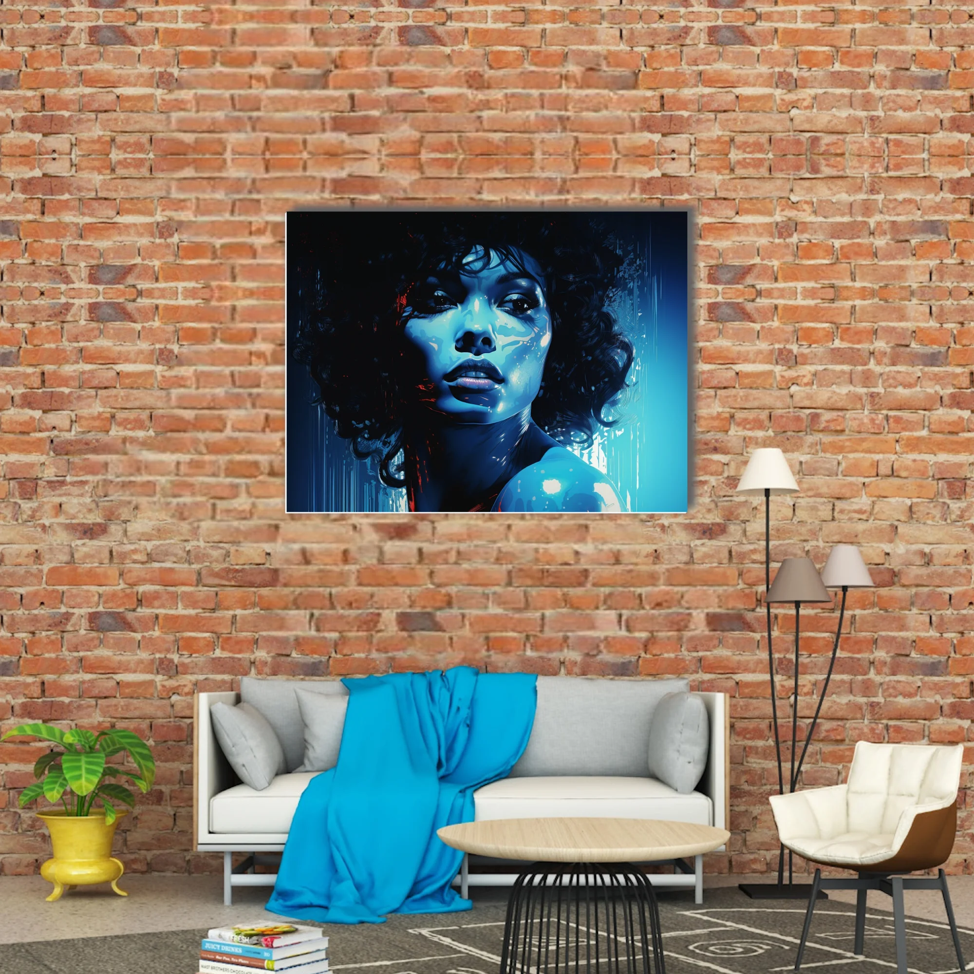 Graphic noir portrait of a woman with curls in cobalt blue and crimson, bold graphic style