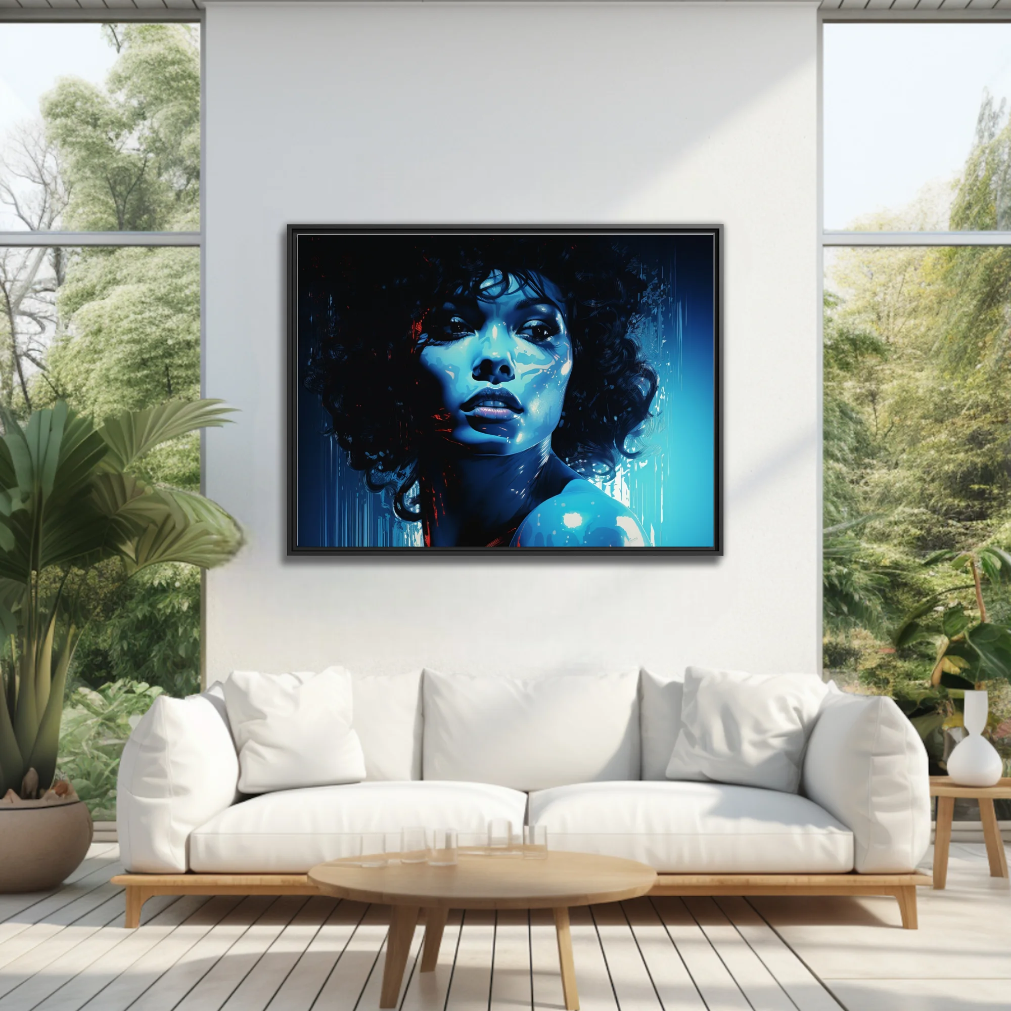 Graphic noir portrait of a woman with curls in cobalt blue and crimson, bold graphic style