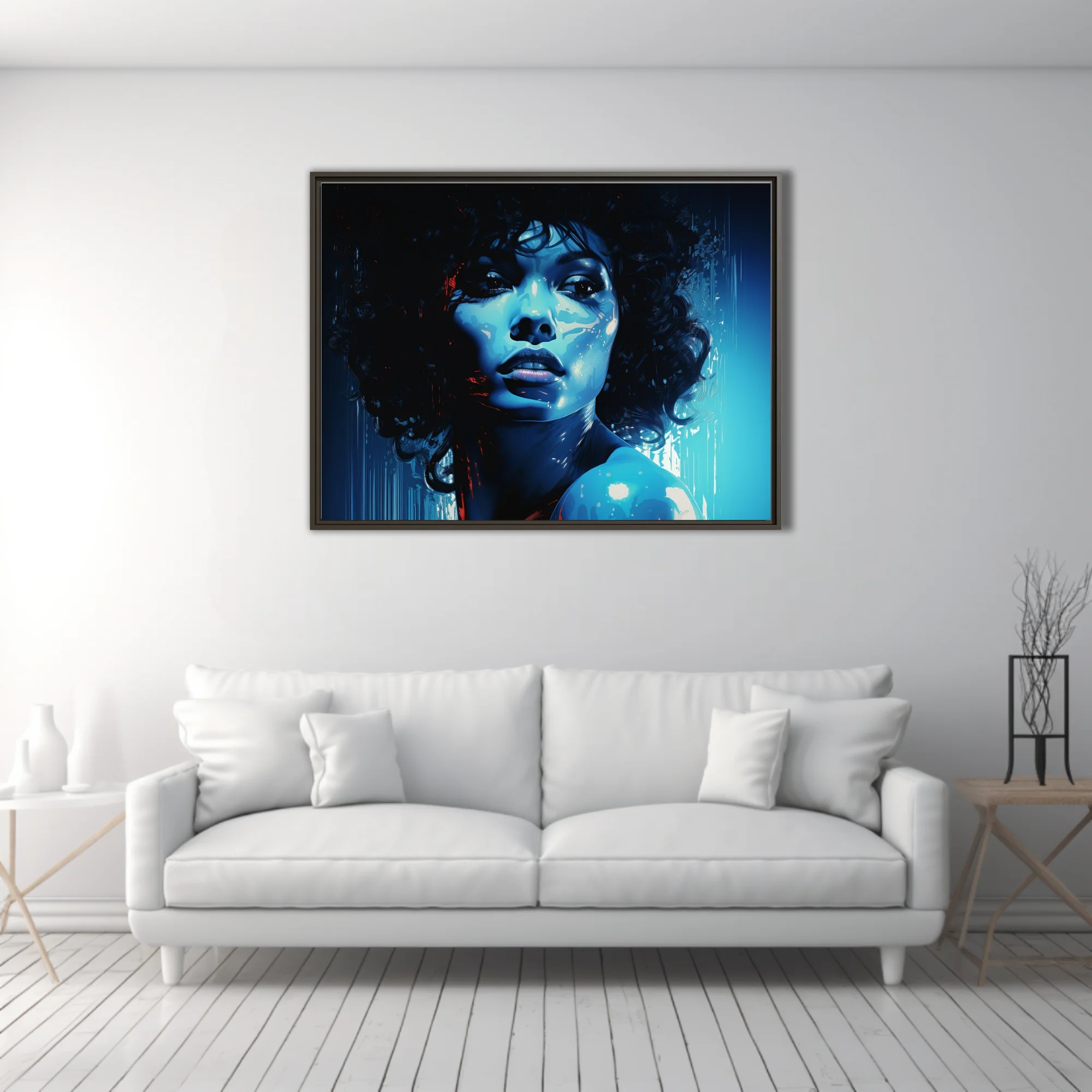 Graphic noir portrait of a woman with curls in cobalt blue and crimson, bold graphic style