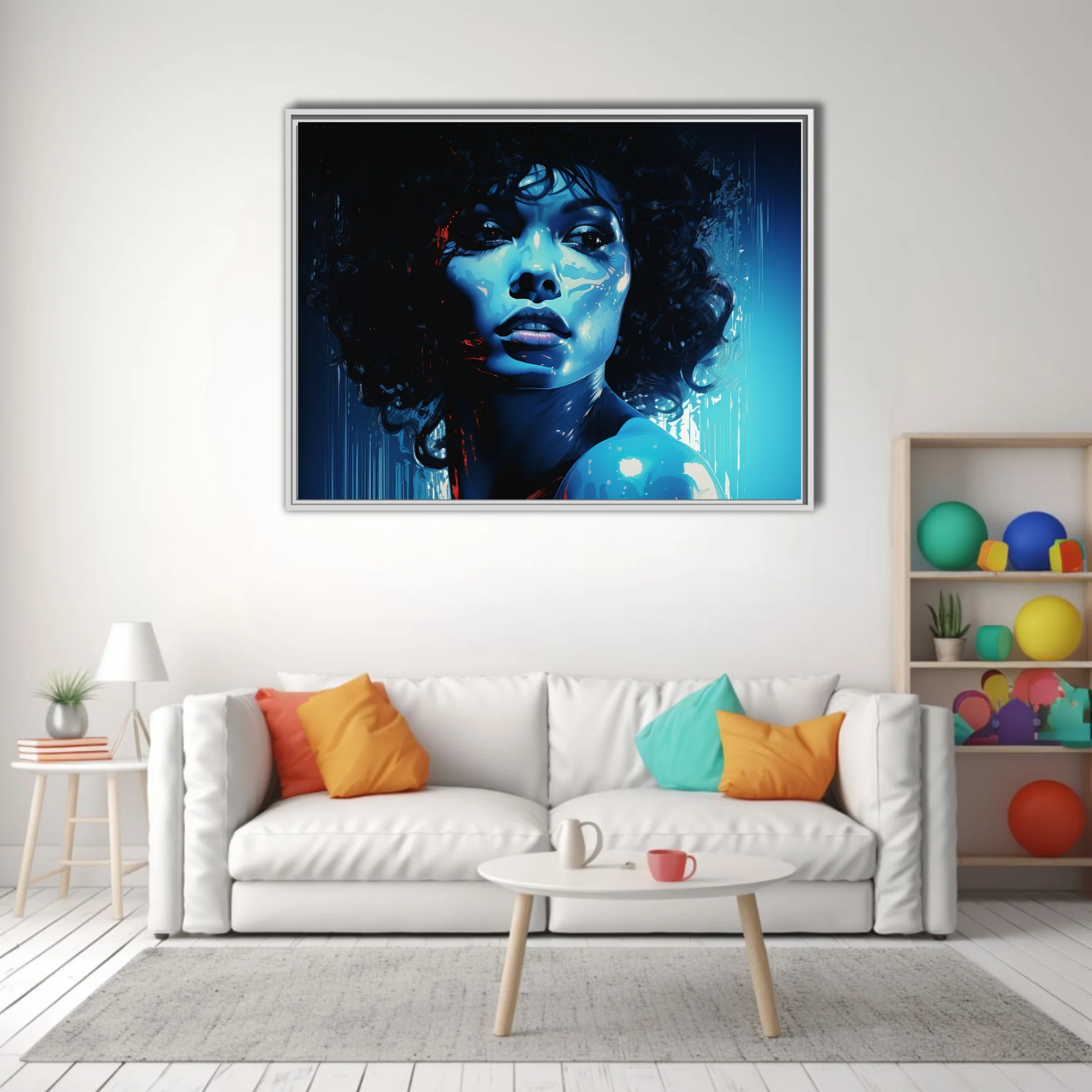 Graphic noir portrait of a woman with curls in cobalt blue and crimson, bold graphic style