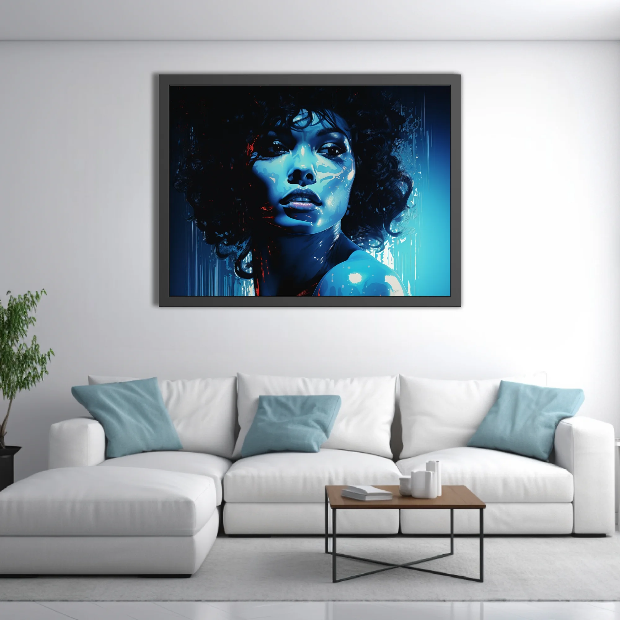 Graphic noir portrait of a woman with curls in cobalt blue and crimson, bold graphic style