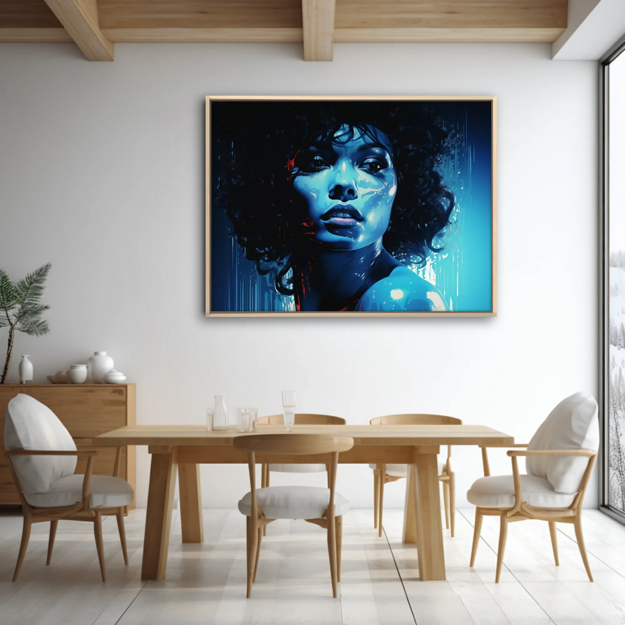 Graphic noir portrait of a woman with curls in cobalt blue and crimson, bold graphic style