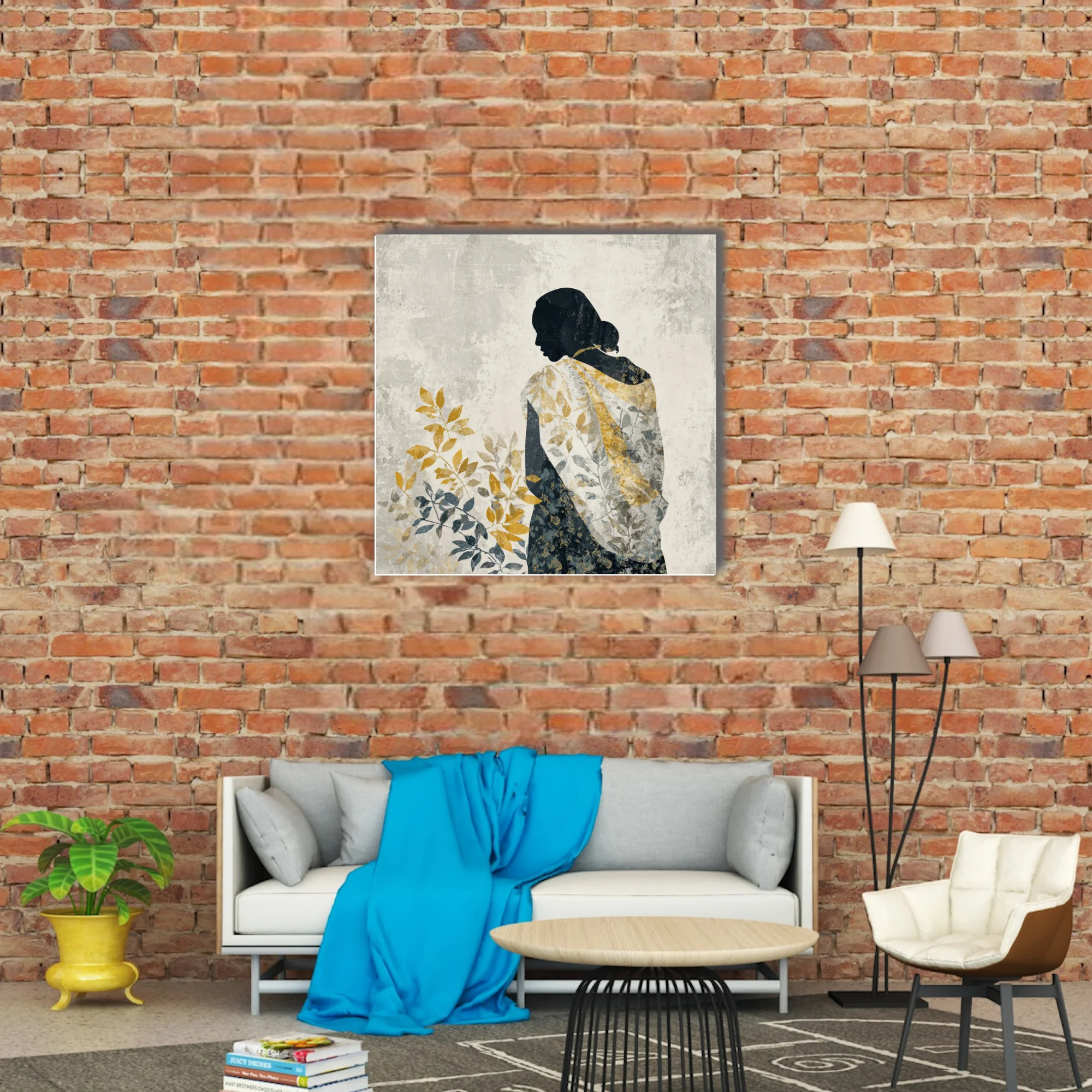 Minimalist female silhouette with botanical leaf motifs in ochre and slate