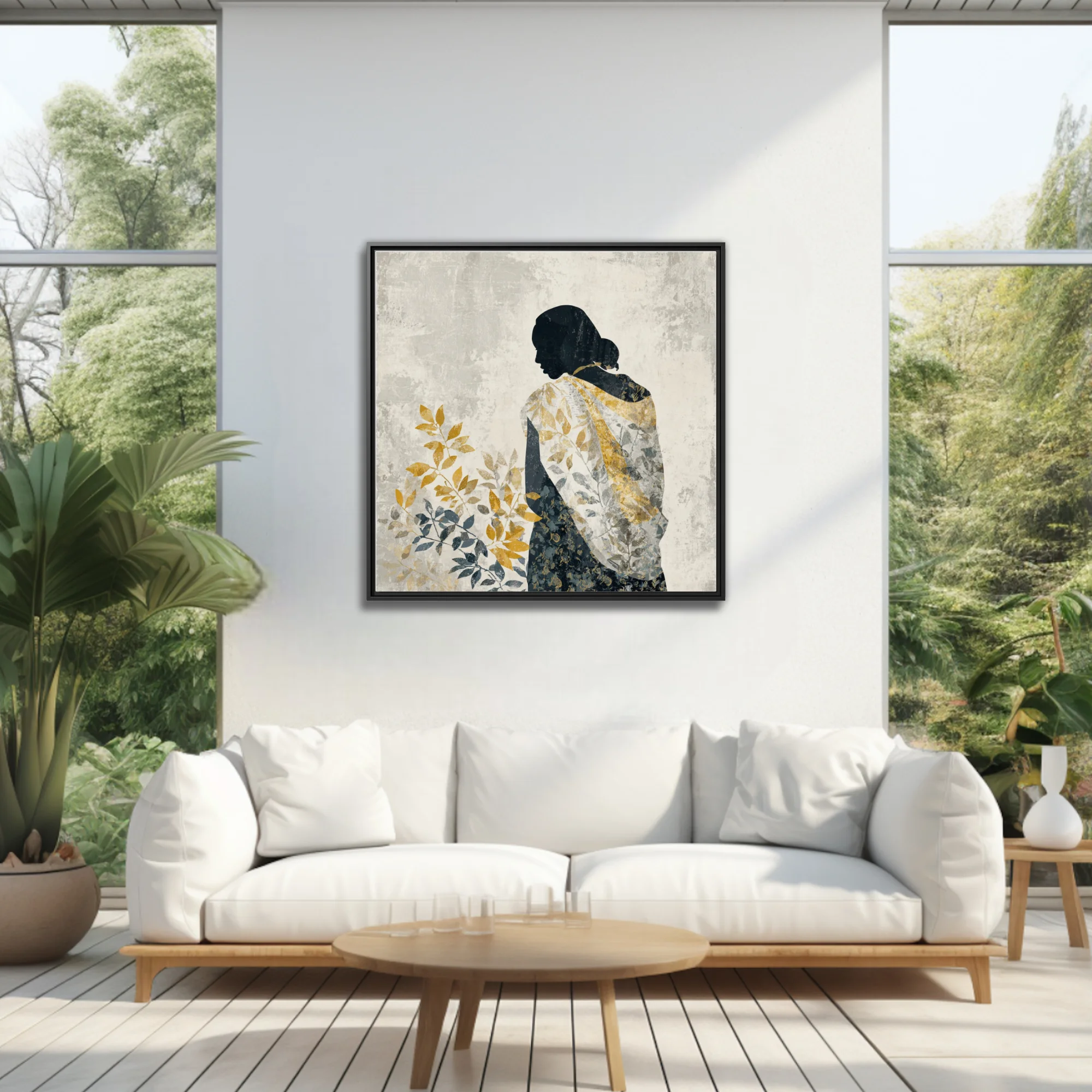 Minimalist female silhouette with botanical leaf motifs in ochre and slate