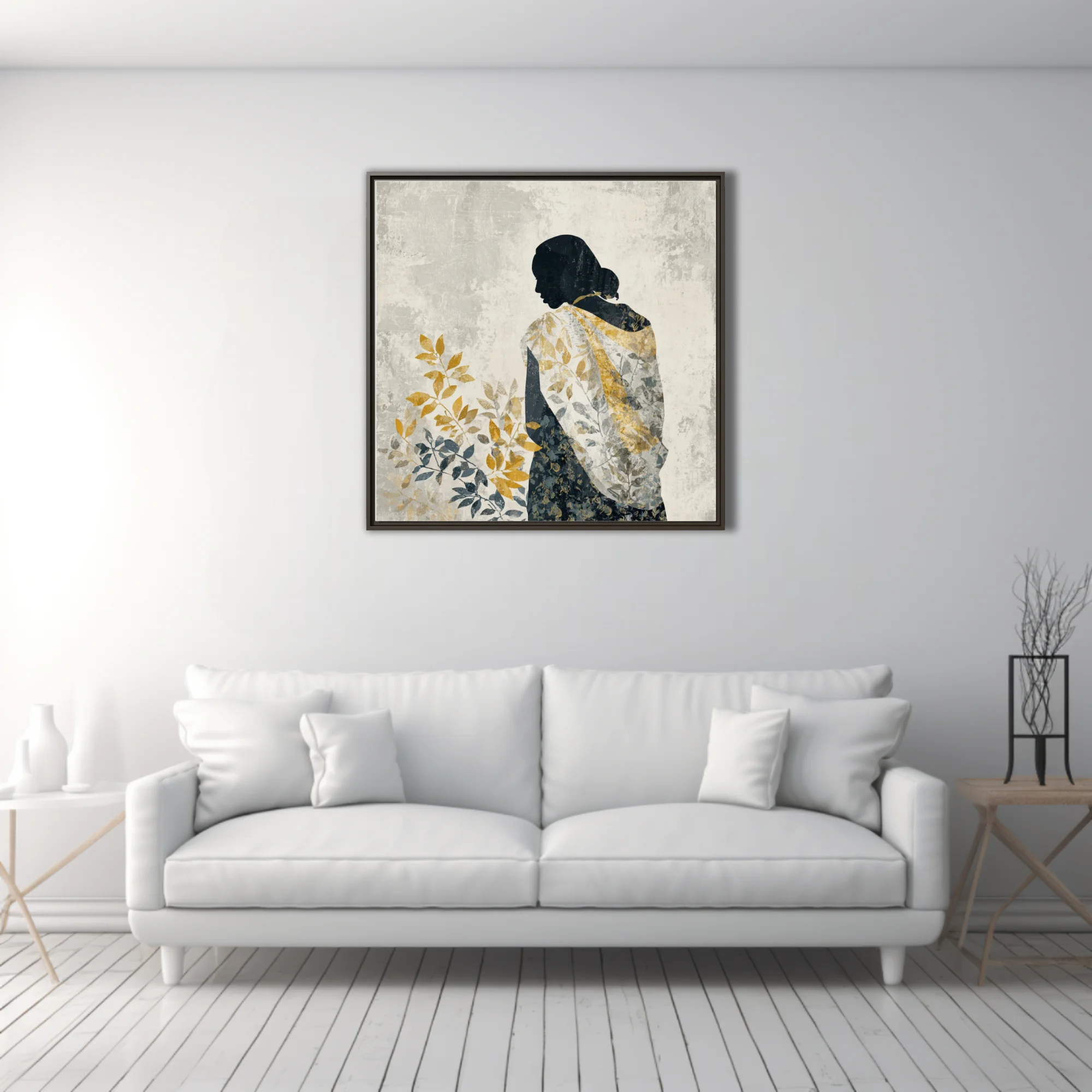 Minimalist female silhouette with botanical leaf motifs in ochre and slate