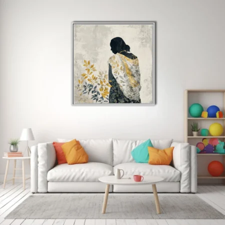 Minimalist female silhouette with botanical leaf motifs in ochre and slate
