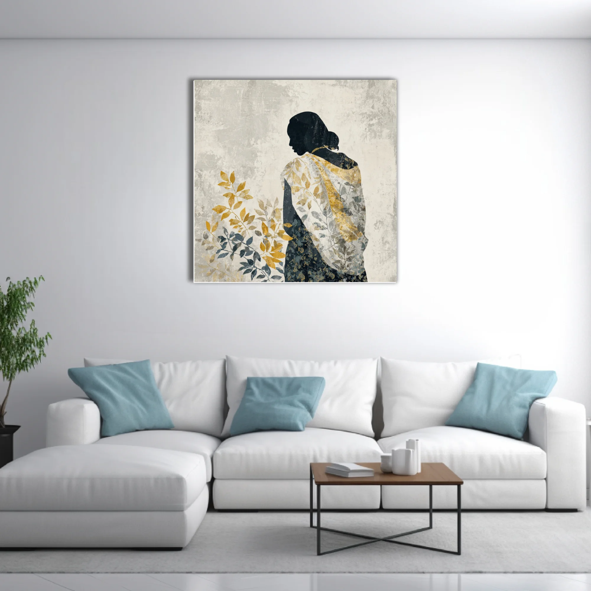 Minimalist female silhouette with botanical leaf motifs in ochre and slate
